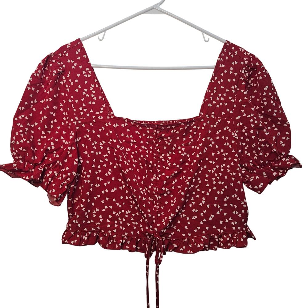 Red White Hearts Women's Crop Top Ruched Puffy Short Sleeve 2X